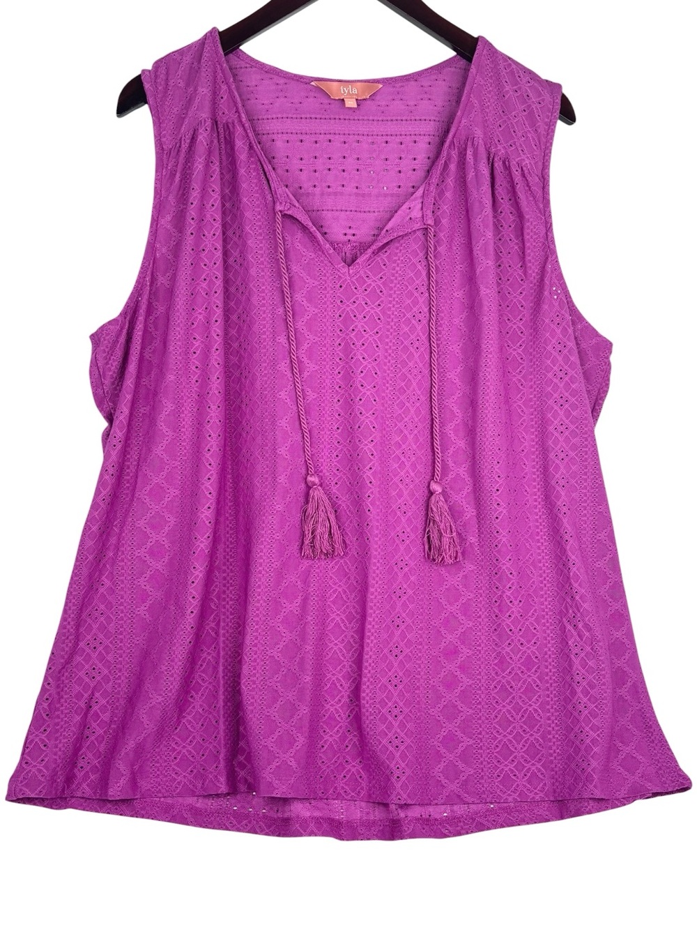 Iyla Purple Sleeveless perforated Lace Crochet Look Tassel V-Neck Summer Top 2X